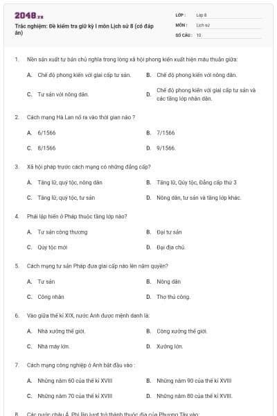 Trắc nghiệm: Đề kiểm tra giữ kỳ I môn Lịch sử 8 (có đáp án)