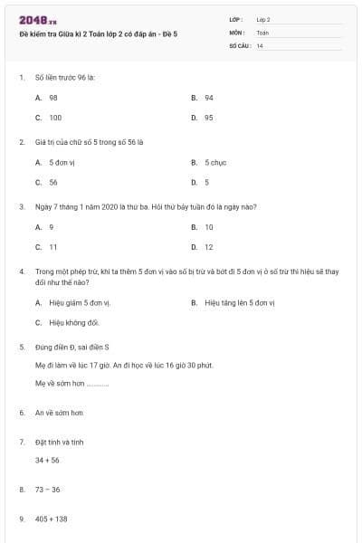 Đề kiểm tra Giữa kì 2 Toán lớp 2 có đáp án - Đề 5