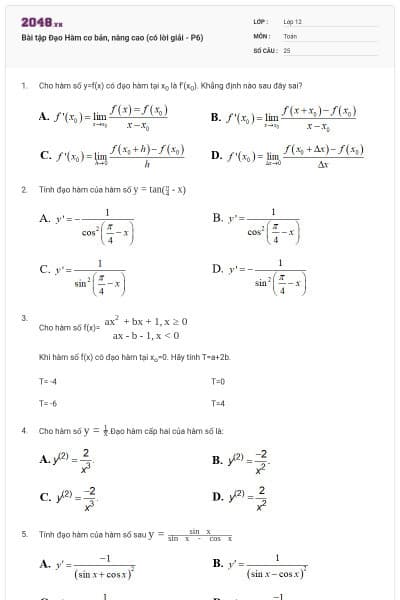 Bài tập Đạo Hàm cơ bản, nâng cao (có lời giải - P6)