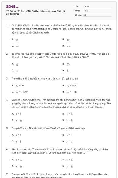 75 Bài tập Tổ Hợp - Xác Suất cơ bản nâng cao có lời giải chi tiết (P3)