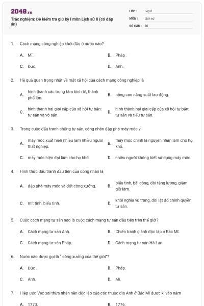 Trắc nghiệm: Đề kiểm tra giữ kỳ I môn Lịch sử 8 (có đáp án)