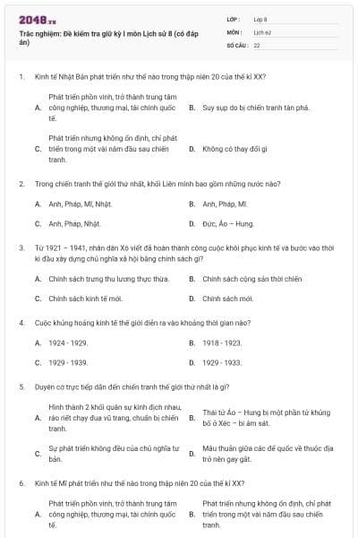 Trắc nghiệm: Đề kiểm tra giữ kỳ I môn Lịch sử 8 (có đáp án)