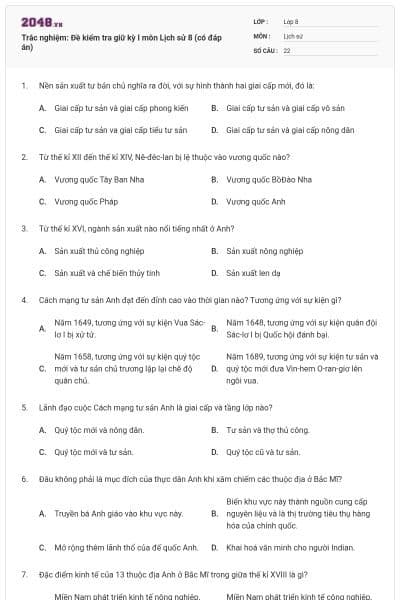 Trắc nghiệm: Đề kiểm tra giữ kỳ I môn Lịch sử 8 (có đáp án)