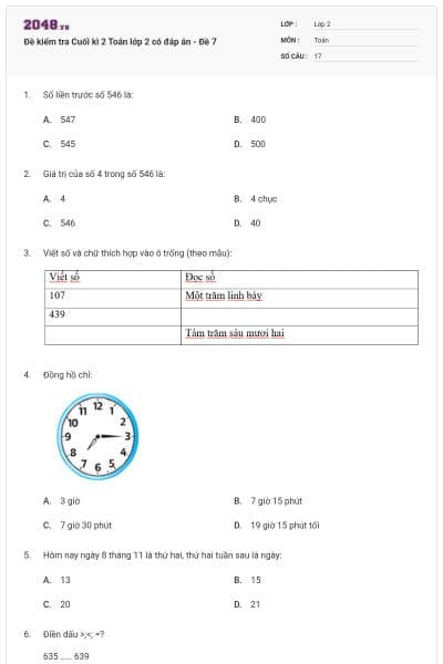 Đề kiểm tra Cuối kì 2 Toán lớp 2 có đáp án - Đề 7