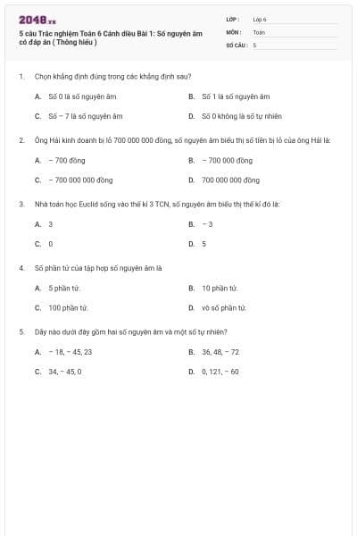 5 câu Trắc nghiệm Toán 6 Cánh diều Bài 1: Số nguyên âm có đáp án ( Thông hiểu )