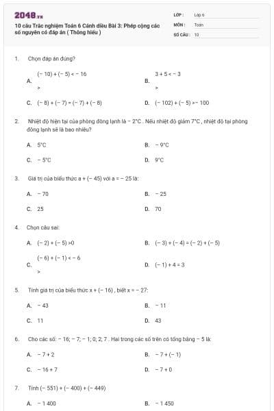 10 câu Trắc nghiệm Toán 6 Cánh diều Bài 3: Phép cộng các số nguyên có đáp án ( Thông hiểu )