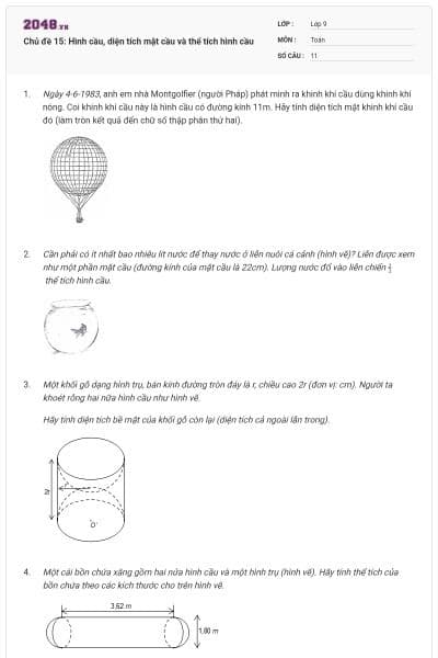 Chủ đề 15: Hình cầu, diện tích mặt cầu và thể tích hình cầu