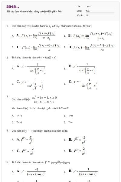 Bài tập Đạo Hàm cơ bản, nâng cao (có lời giải - P6)