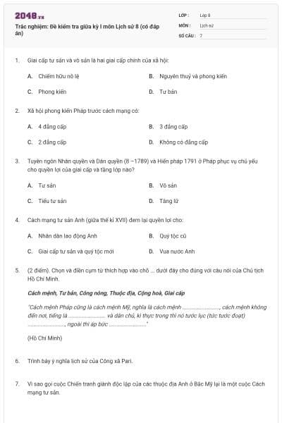 Trắc nghiệm: Đề kiểm tra giữa kỳ I môn Lịch sử 8 (có đáp án)