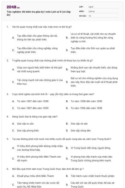 Trắc nghiệm: Đề kiểm tra giữa kỳ I môn Lịch sử 8 (có đáp án)