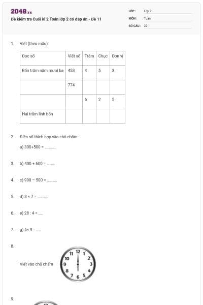 Đề kiểm tra Cuối kì 2 Toán lớp 2 có đáp án - Đề 11
