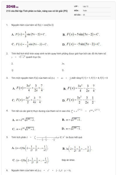 213 câu Bài tập Tích phân cơ bản, nâng cao có lời giải (P5)
