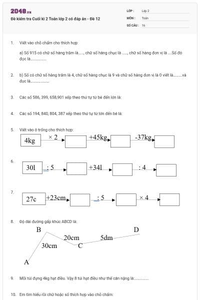 Đề kiểm tra Cuối kì 2 Toán lớp 2 có đáp án - Đề 12