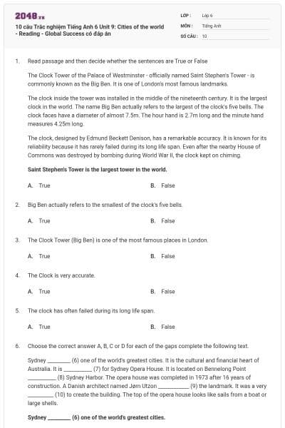 10 câu Trắc nghiệm Tiếng Anh 6 Unit 9: Cities of the world - Reading - Global Success có đáp án
