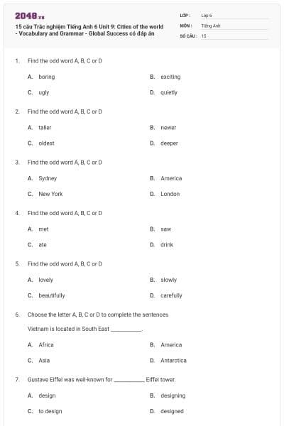 15 câu Trắc nghiệm Tiếng Anh 6 Unit 9: Cities of the world - Vocabulary and Grammar - Global Success có đáp án