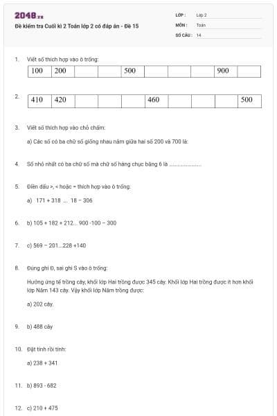 Đề kiểm tra Cuối kì 2 Toán lớp 2 có đáp án - Đề 15