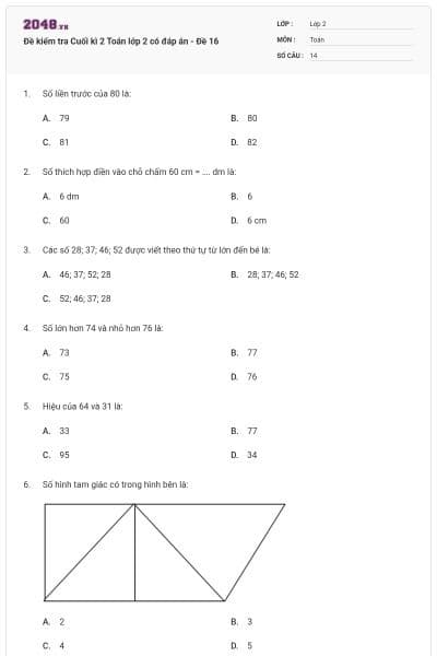 Đề kiểm tra Cuối kì 2 Toán lớp 2 có đáp án - Đề 16
