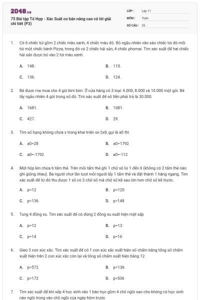 75 Bài tập Tổ Hợp - Xác Suất cơ bản nâng cao có lời giải chi tiết (P3)