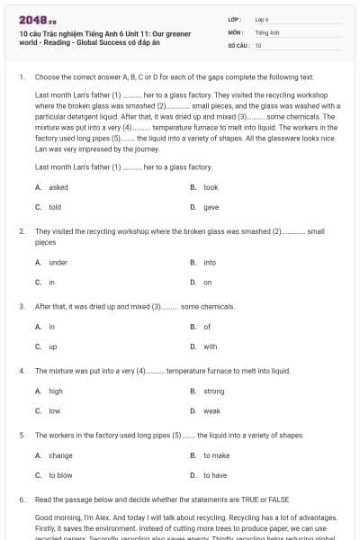 10 câu Trắc nghiệm Tiếng Anh 6 Unit 11: Our greener world - Reading - Global Success có đáp án