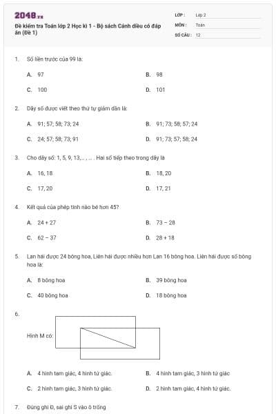 Đề kiểm tra Toán lớp 2 Học kì 1 - Bộ sách Cánh diều có đáp án (Đề 1)