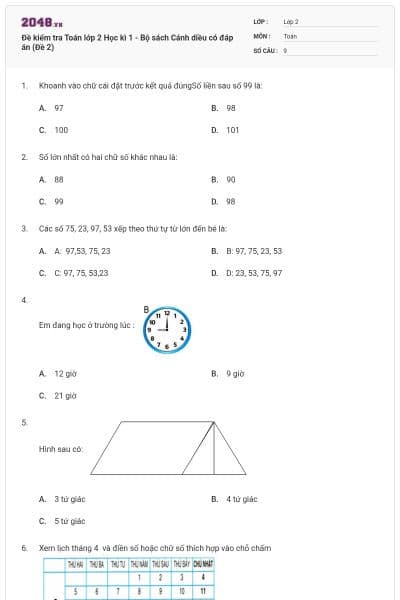 Đề kiểm tra Toán lớp 2 Học kì 1 - Bộ sách Cánh diều có đáp án (Đề 2)