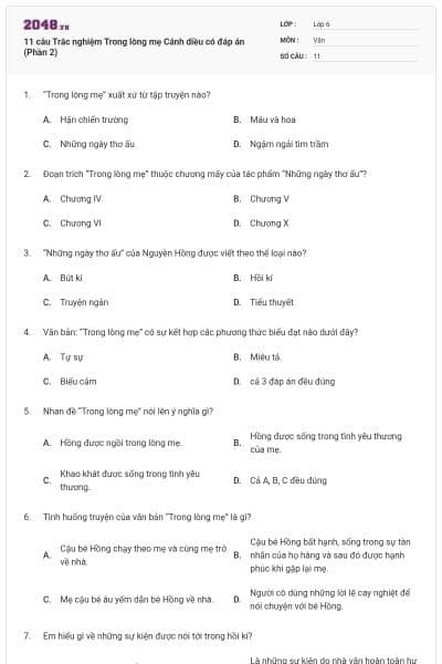 11 câu Trắc nghiệm Trong lòng mẹ Cánh diều có đáp án (Phần 2)