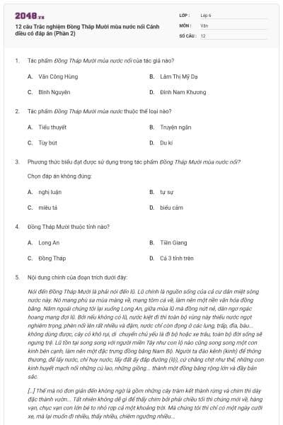 12 câu Trắc nghiệm Đồng Tháp Mười mùa nước nổi Cánh diều có đáp án (Phần 2)