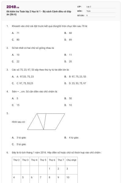 Đề kiểm tra Toán lớp 2 Học kì 1 - Bộ sách Cánh diều có đáp án (Đề 6)