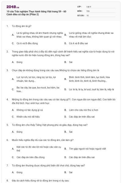 10 câu Trắc nghiệm Thực hành tiếng Việt trang 59 - 60 Cánh diều có đáp án (Phần 2)