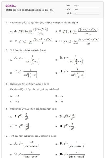 Bài tập Đạo Hàm cơ bản, nâng cao (có lời giải - P6)
