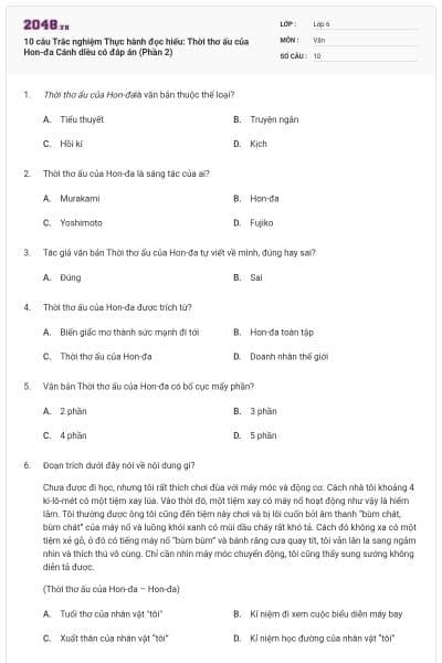 10 câu Trắc nghiệm Thực hành đọc hiểu: Thời thơ ấu của Hon-đa Cánh diều có đáp án (Phần 2)