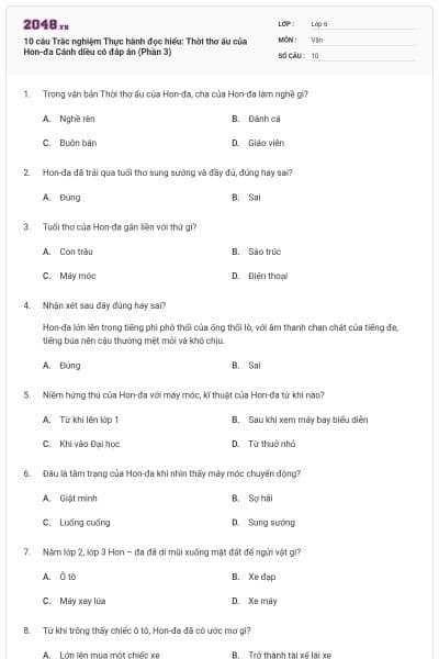 10 câu Trắc nghiệm Thực hành đọc hiểu: Thời thơ ấu của Hon-đa Cánh diều có đáp án (Phần 3)