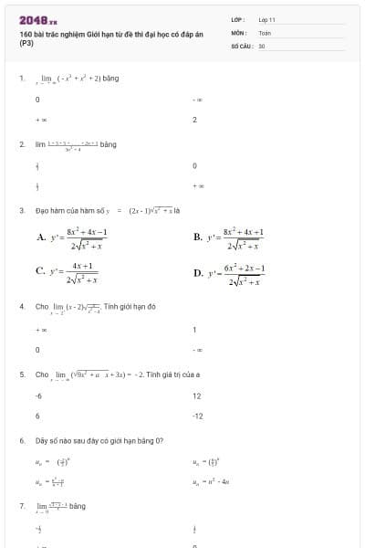 160 bài trắc nghiệm Giới hạn từ đề thi đại học có đáp án (P3)