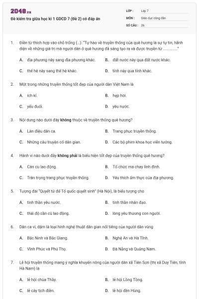 Đề kiểm tra giữa học kì 1 GDCD 7 (Đề 2) có đáp án