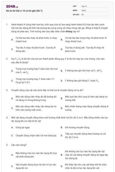 Đề ôn thi Vật Lí 10 có lời giải (Đề 7)