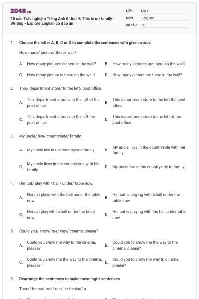 15 câu Trắc nghiệm Tiếng Anh 6 Unit 4: This is my family - Writing - Explore English có đáp án