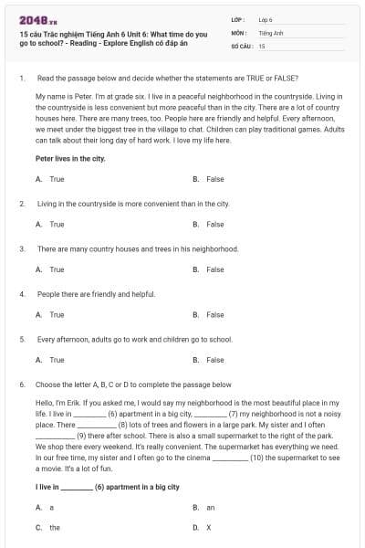 15 câu Trắc nghiệm Tiếng Anh 6 Unit 6: What time do you go to school? - Reading - Explore English có đáp án