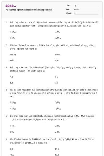 75 câu trắc nghiệm Hidrocacbon no nâng cao (P2)