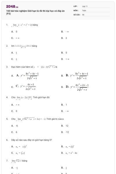 160 bài trắc nghiệm Giới hạn từ đề thi đại học có đáp án (P3)