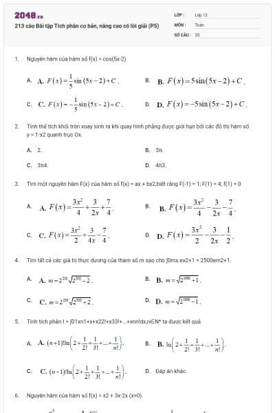 213 câu Bài tập Tích phân cơ bản, nâng cao có lời giải (P5)