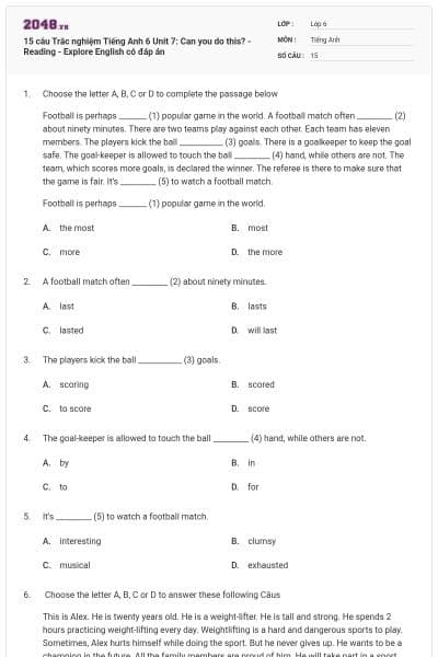 15 câu Trắc nghiệm Tiếng Anh 6 Unit 7: Can you do this? - Reading - Explore English có đáp án