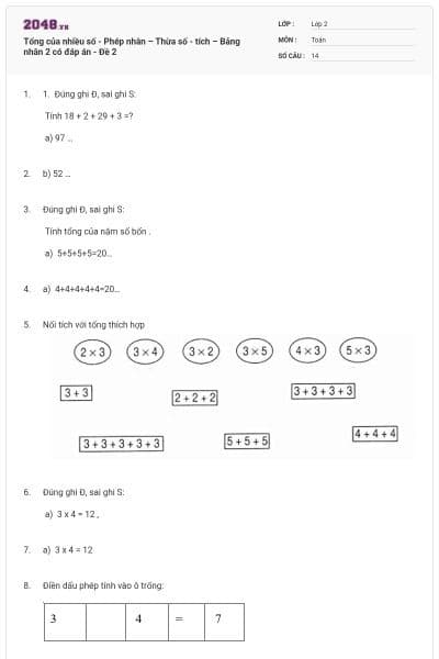 Tổng của nhiều số - Phép nhân – Thừa số - tích – Bảng nhân 2 có đáp án - Đề 2