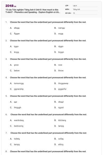 15 câu Trắc nghiệm Tiếng Anh 6 Unit 8: How much is this T-shirt? - Phonetics and Speaking - Explore English có đáp án