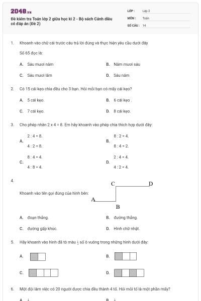 Đề kiểm tra Toán lớp 2 giữa học kì 2 - Bộ sách Cánh diều có đáp án (Đề 2)