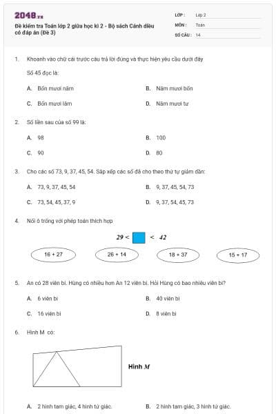 Đề kiểm tra Toán lớp 2 giữa học kì 2 - Bộ sách Cánh diều có đáp án (Đề 3)