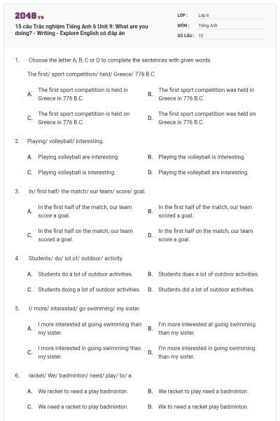 15 câu Trắc nghiệm Tiếng Anh 6 Unit 9: What are you doing? - Writing - Explore English có đáp án