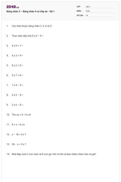 Bảng nhân 3 – Bảng nhân 4 có đáp án - Đề 1