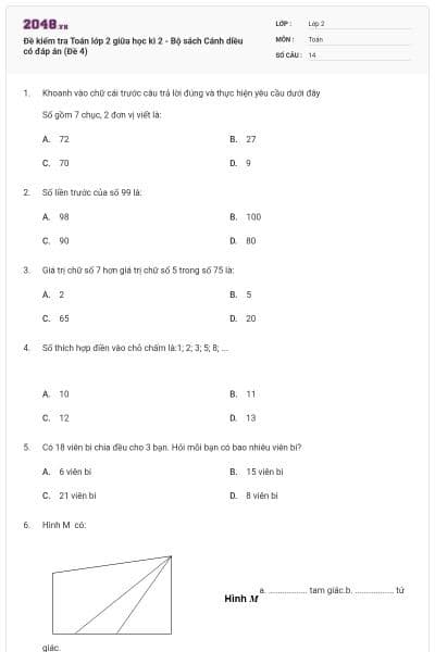Đề kiểm tra Toán lớp 2 giữa học kì 2 - Bộ sách Cánh diều có đáp án (Đề 4)