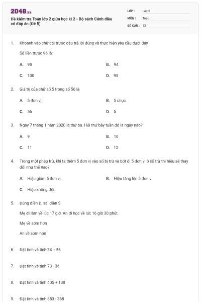 Đề kiểm tra Toán lớp 2 giữa học kì 2 - Bộ sách Cánh diều có đáp án (Đề 5)