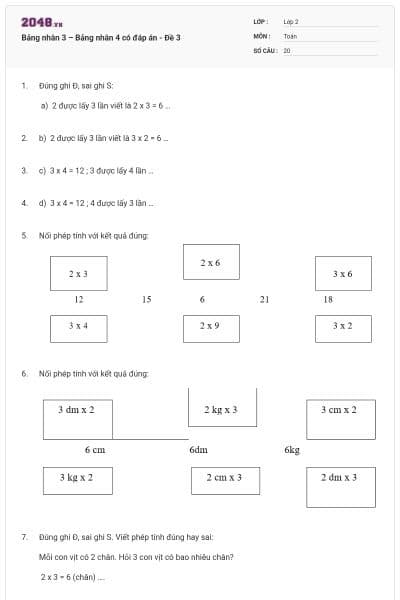 Bảng nhân 3 – Bảng nhân 4 có đáp án - Đề 3